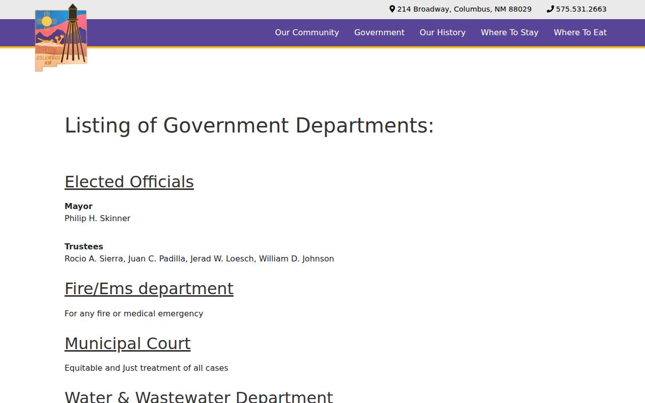 Luna County municipal warrants, Columbus government contact page